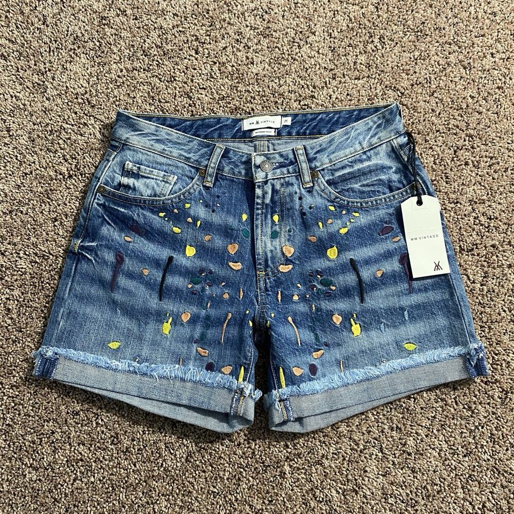 MM Vintage Multi Colored Embroidered Boyfriend‎ Cuffed Shorts Waist Sz 25 NWT
